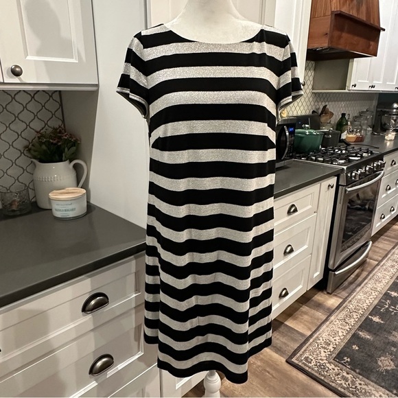 Laundry By Shelli Segal Womens  Striped  Metallic Cocktail Dress Size 10 Shift - Picture 1 of 12